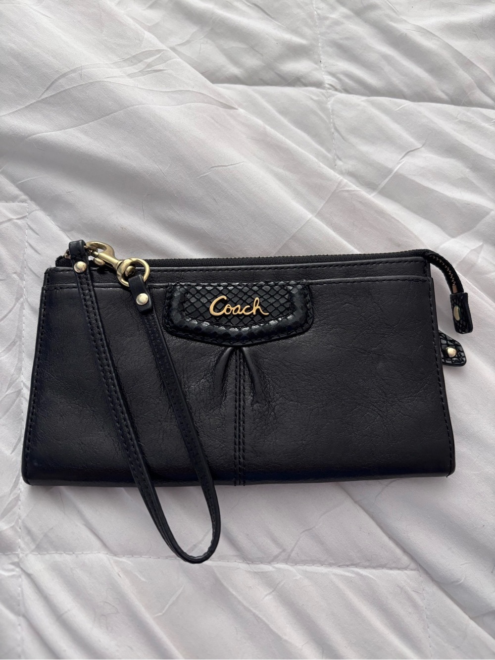 Coach Black Leather Wristlet with Gold Logo Accent
